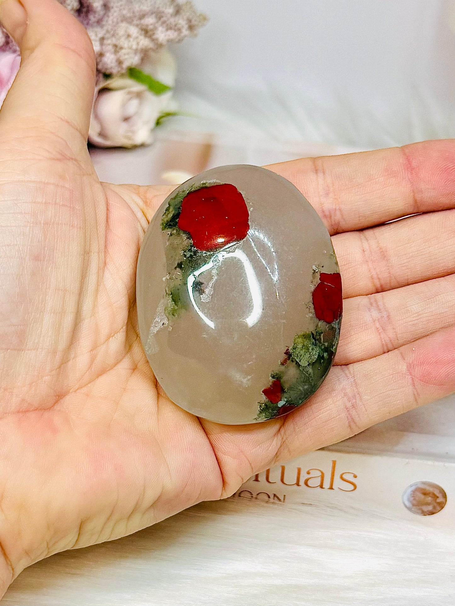 Translucent Blood Stone Palm Stone (stand is display only)