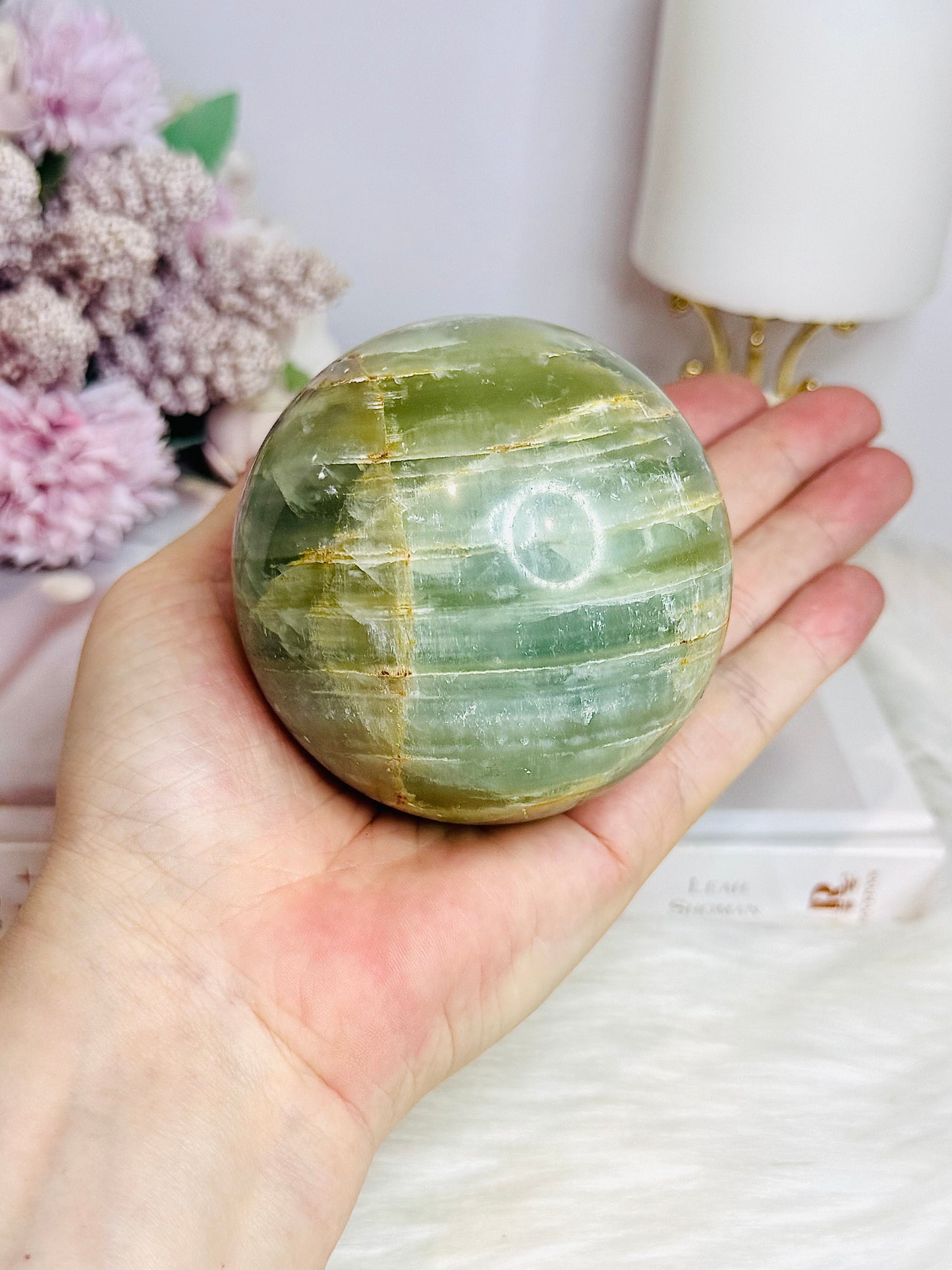 Large Pistachio Calcite Sphere on Stand 596g