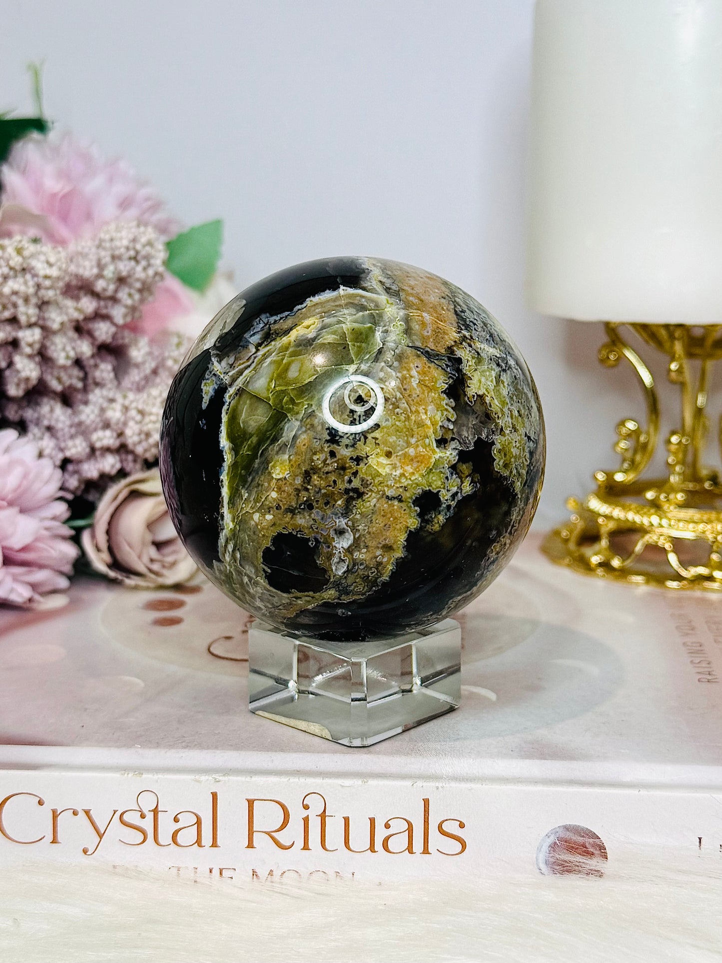 Large Volcano Agate (UV Reactive) Sphere On Stand 394g