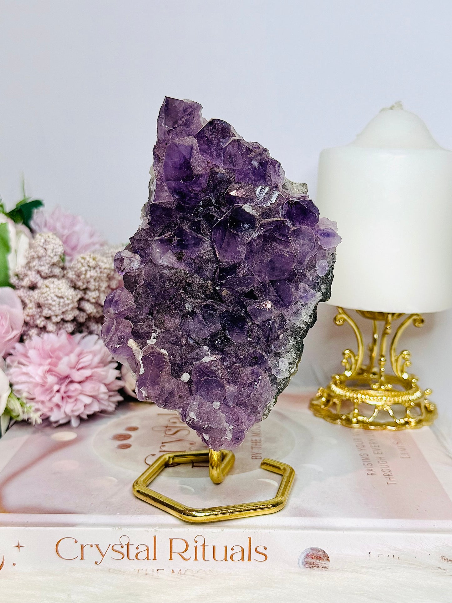 Large Natural Amethyst Cluster On Gold Stand 16cm 625g
