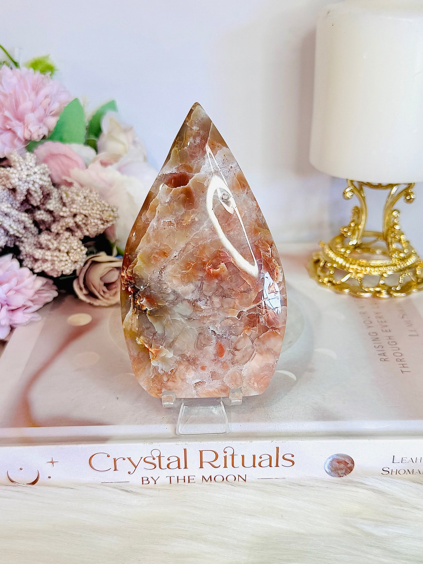 Pink Agate Carved Flame | Freeform on Stand