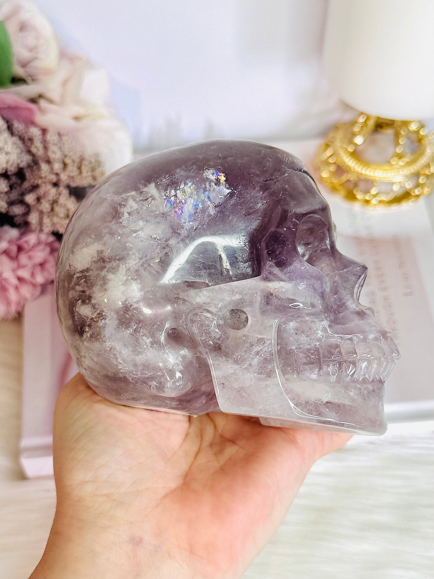 Huge 991gram High Grade Amethyst Carved Skull with Rainbows
