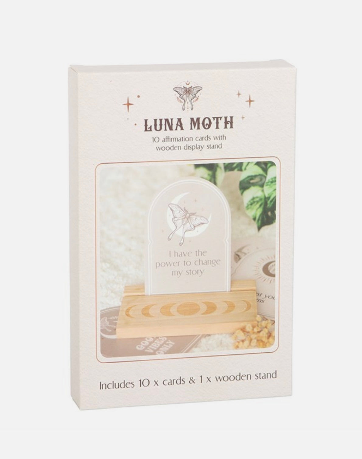 Luna Moth Affirmation Cards Set on Wooden Stand