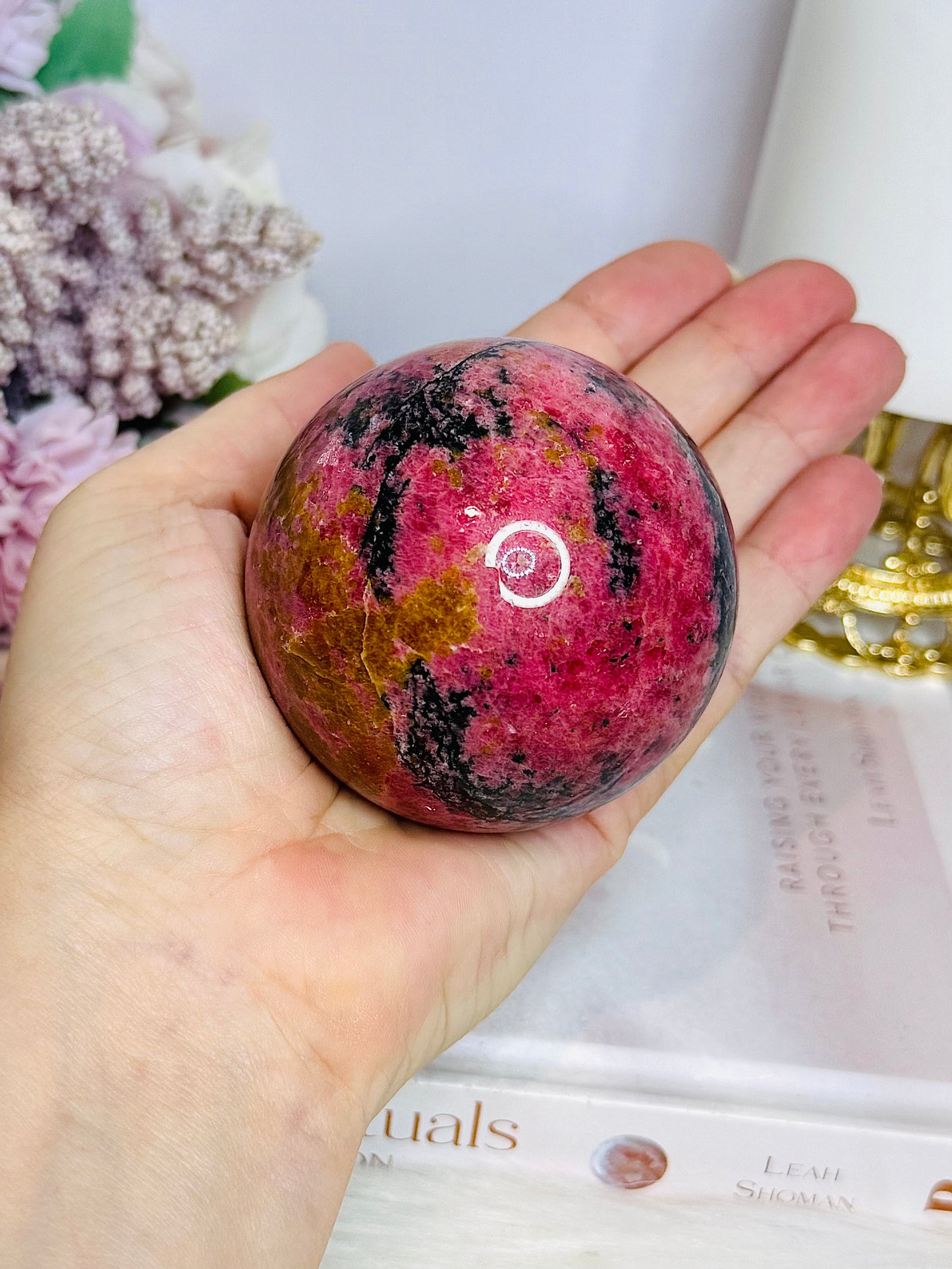 Large Rhodonite Sphere 551g On Stand