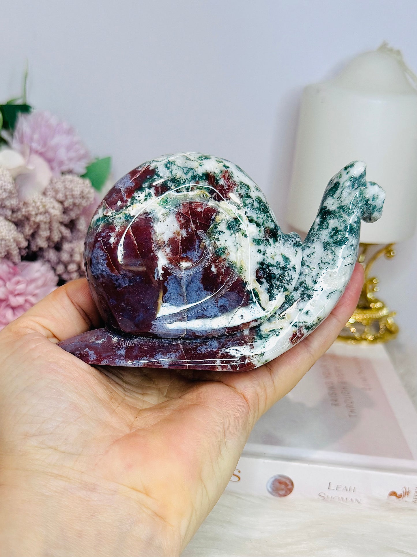 Red & Green Moss Agate Carved Large Snail 14cm
