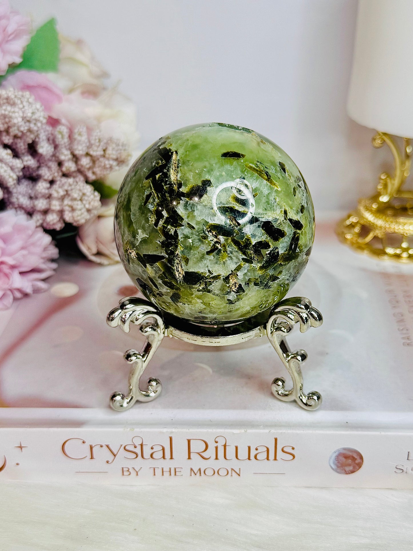 Large Prehnite with Epidote Sphere on Stand 412g (Sphere has an imperfection)