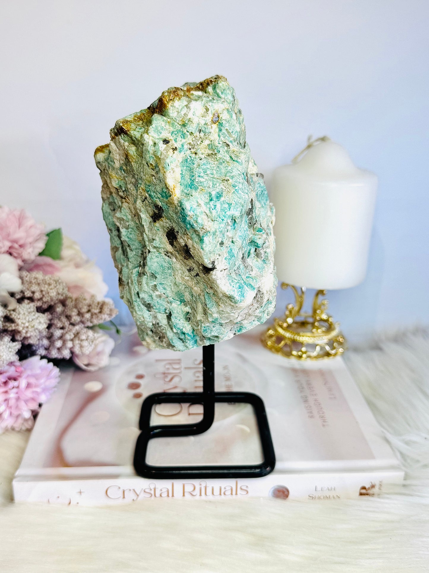 Raw Rough Natural Green Amazonite With Smokey Quartz Inclusions 1.56KG 20cm On Stand From Brazil