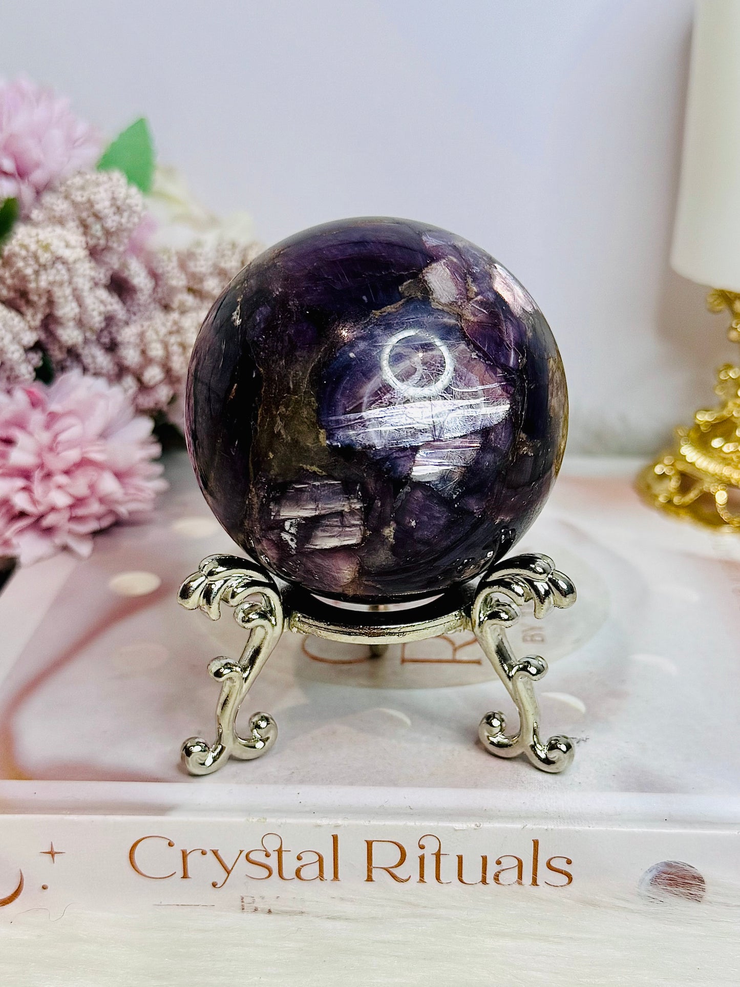 Large High Grade Purple Mica Sphere 448g On Stand