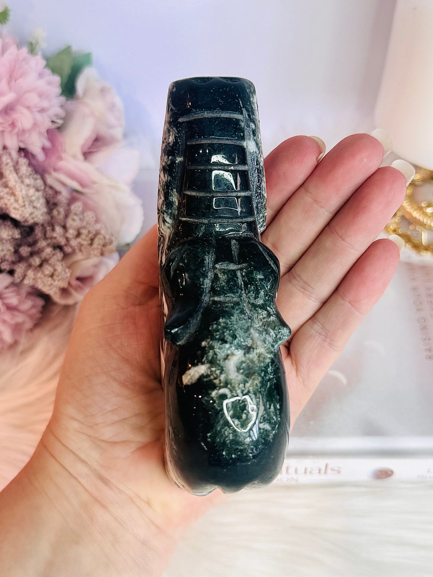 Beautiful Large Green Moss Agate Carved Hippopotamus 14cm 475grams