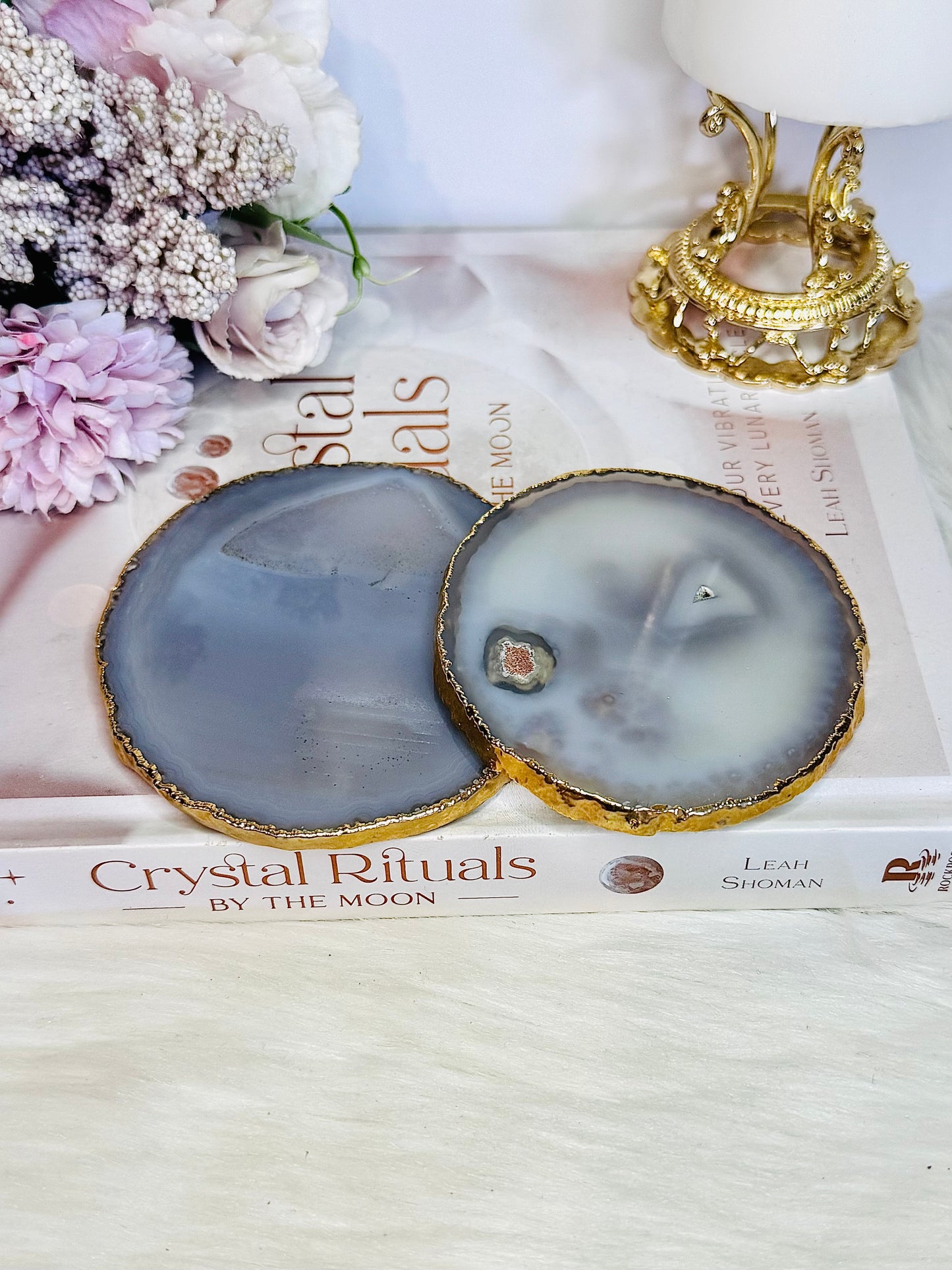 💰💰 DOUBLE DEAL 💰💰 Set of 2 Blue Agate Coasters with Gold Plated Edging
