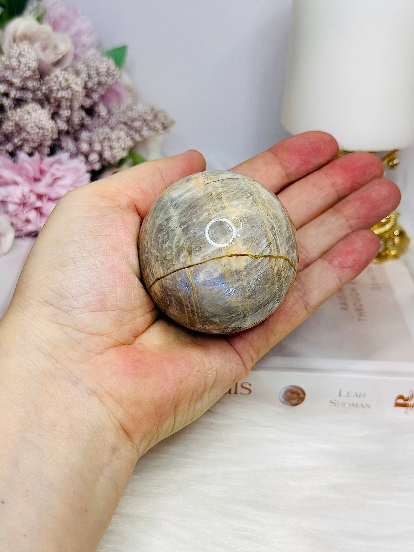 Moonstone Sphere with Blue Flash 6.5cm On Stand