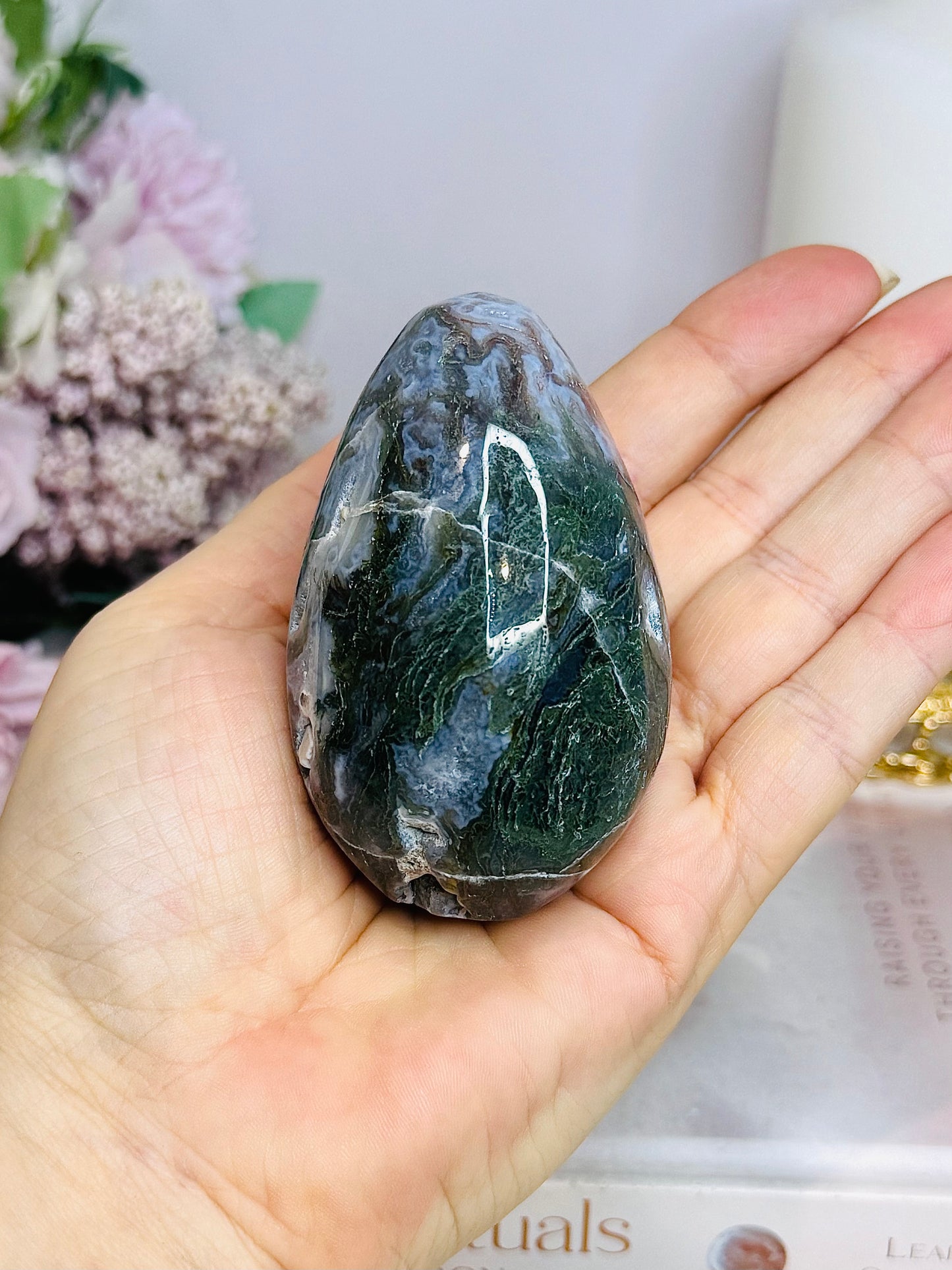 Druzy Moss Agate Carved Egg On Stand 206g