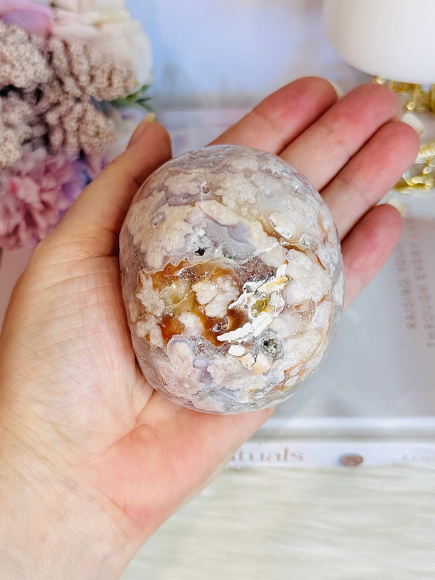 Druzy Flower Agate Egg On Stand 351grams