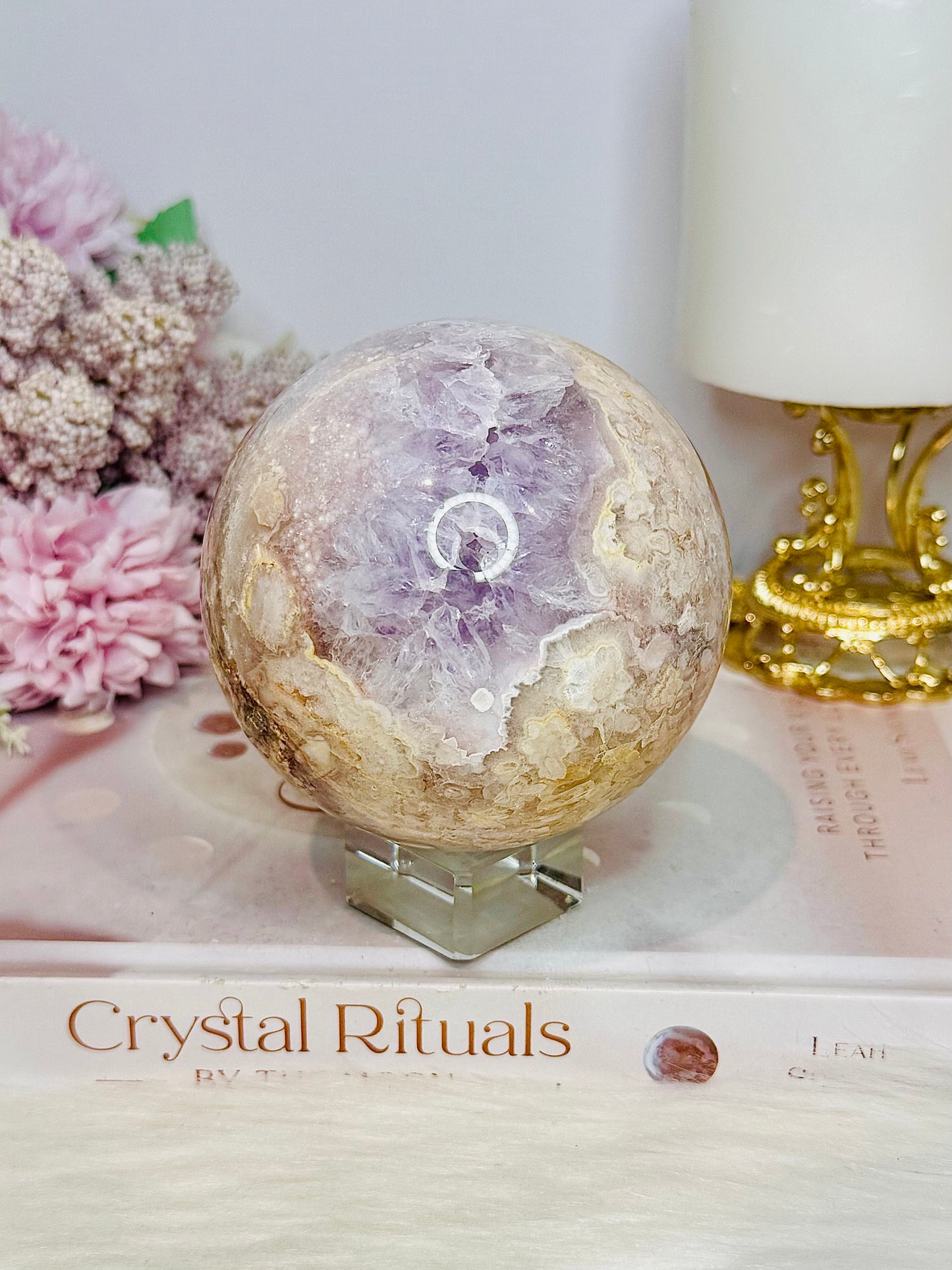 Large Rare Amethyst X Flower Agate Sphere On Stand 710g