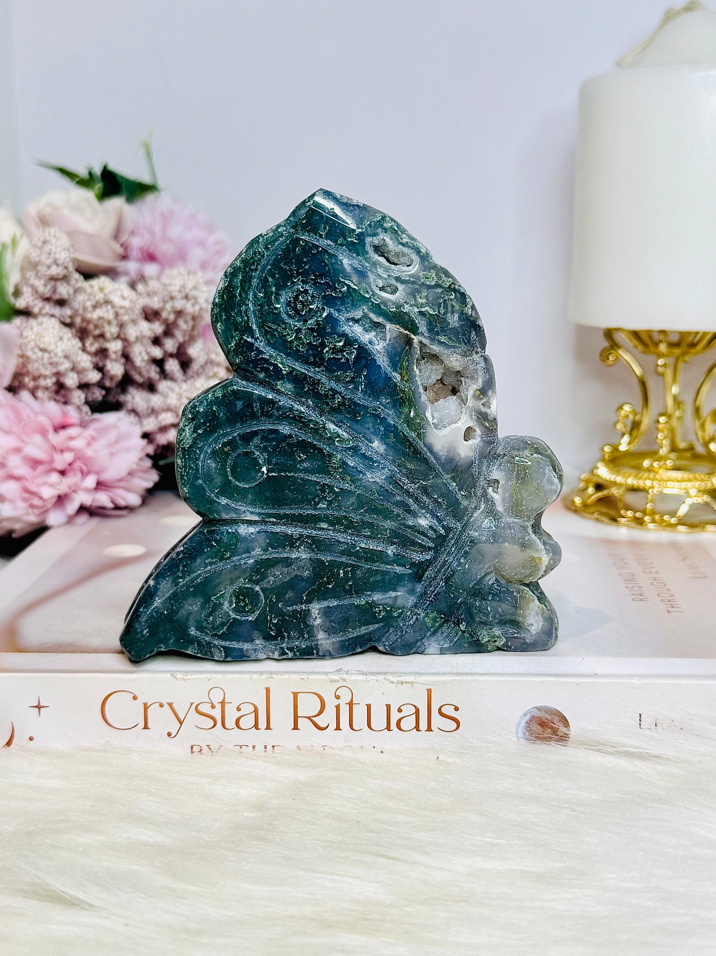 Moss Agate Carved Druzy Fairy 10cm