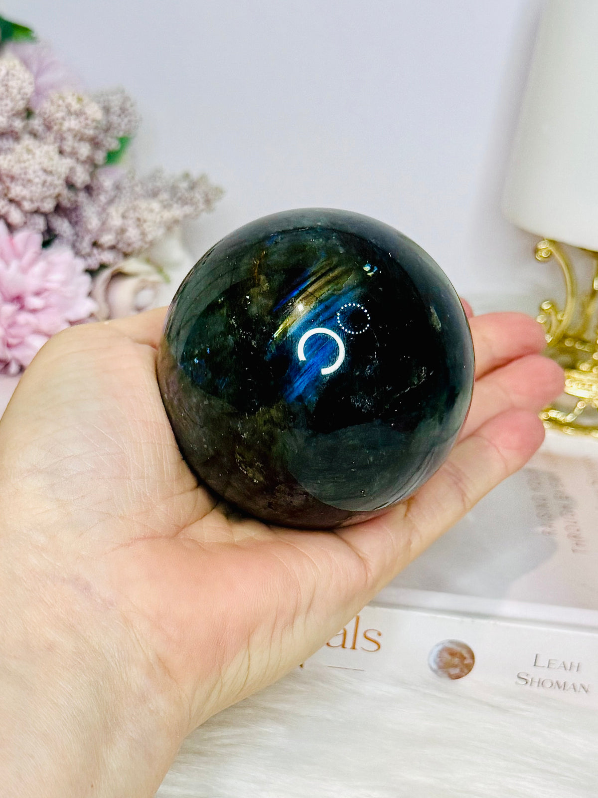 Large Labradorite Sphere 449g On Silver Stand (stand used in pic is display only)
