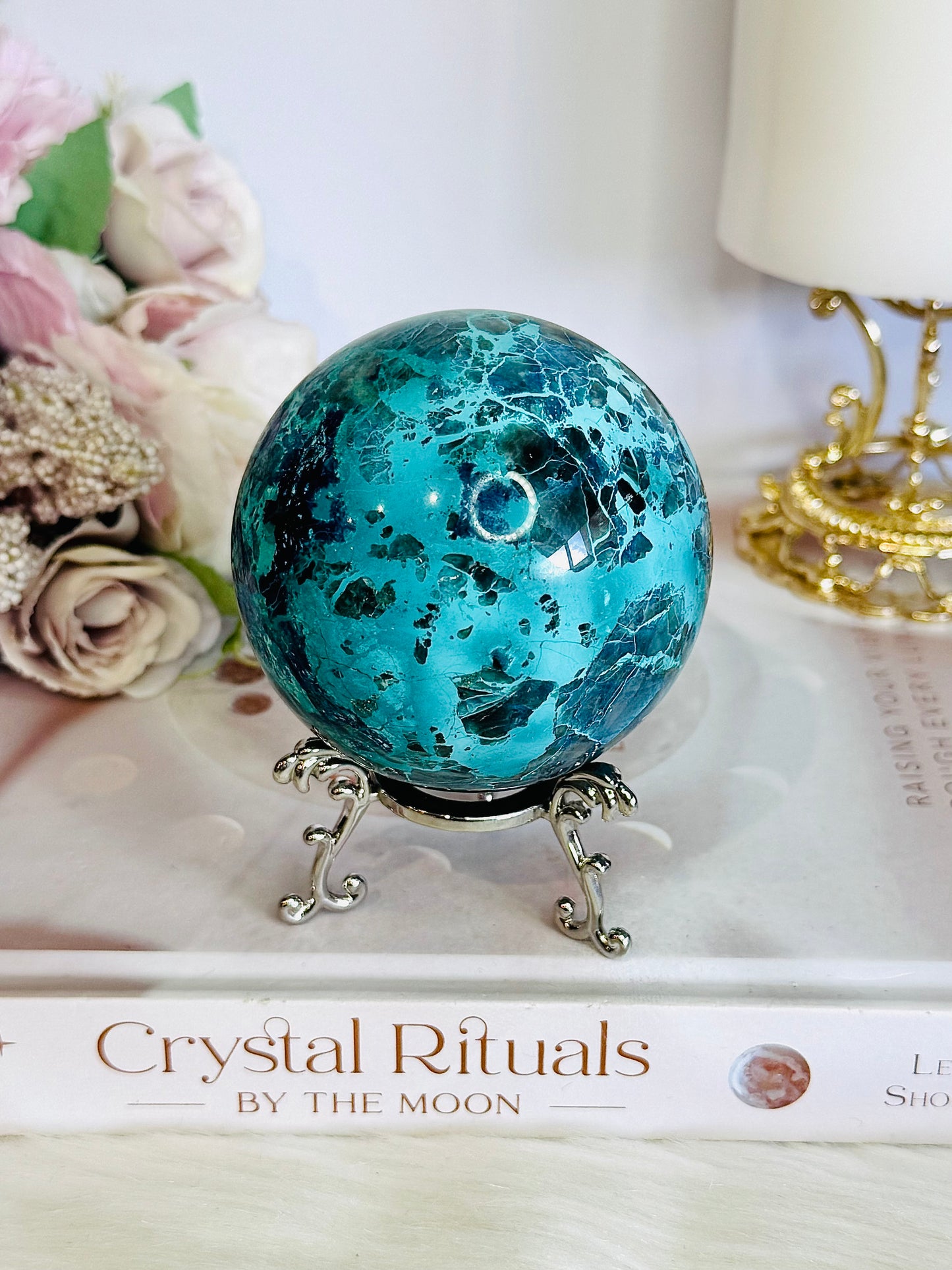 Absolutely Incredible High Grade Chrysocolla Sphere on Stand 399grams