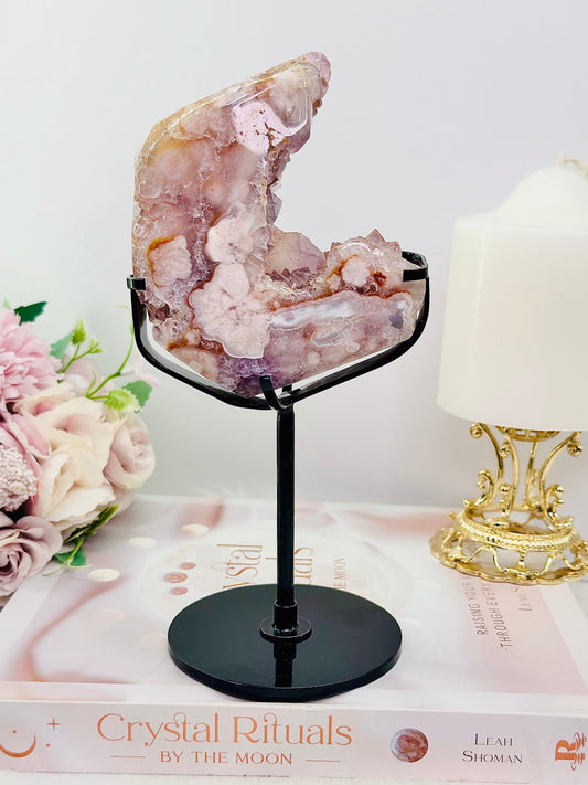 Rare Pink Amethyst X Flower Agate Druzy Natural Freeform On Stand 646g 19cm