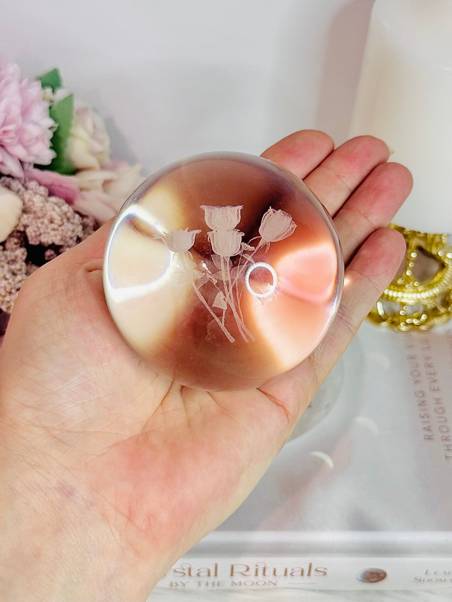 Large 424gram Glass Sphere with Etched Roses On Stand