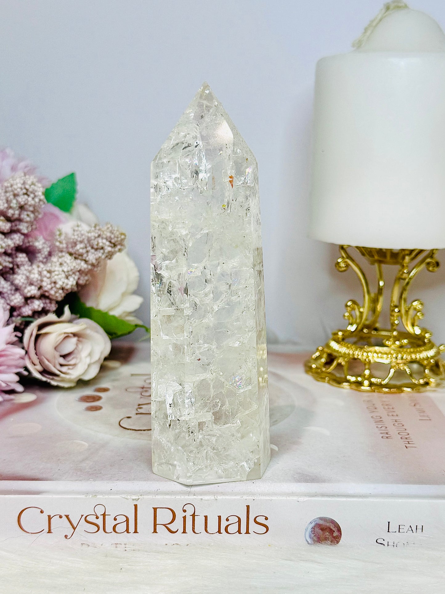 Clear Quartz Crackle Tower 12.5cm With Rainbows