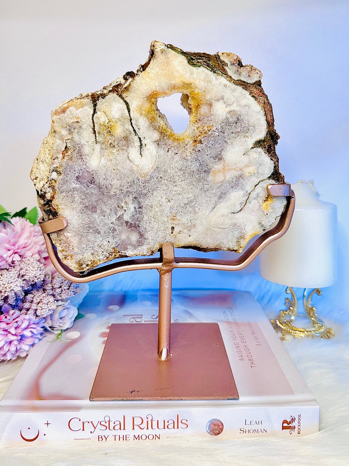 Large 23.5cm 1.5KG Druzy Pink Amethyst Slab On Rose Gold Stand