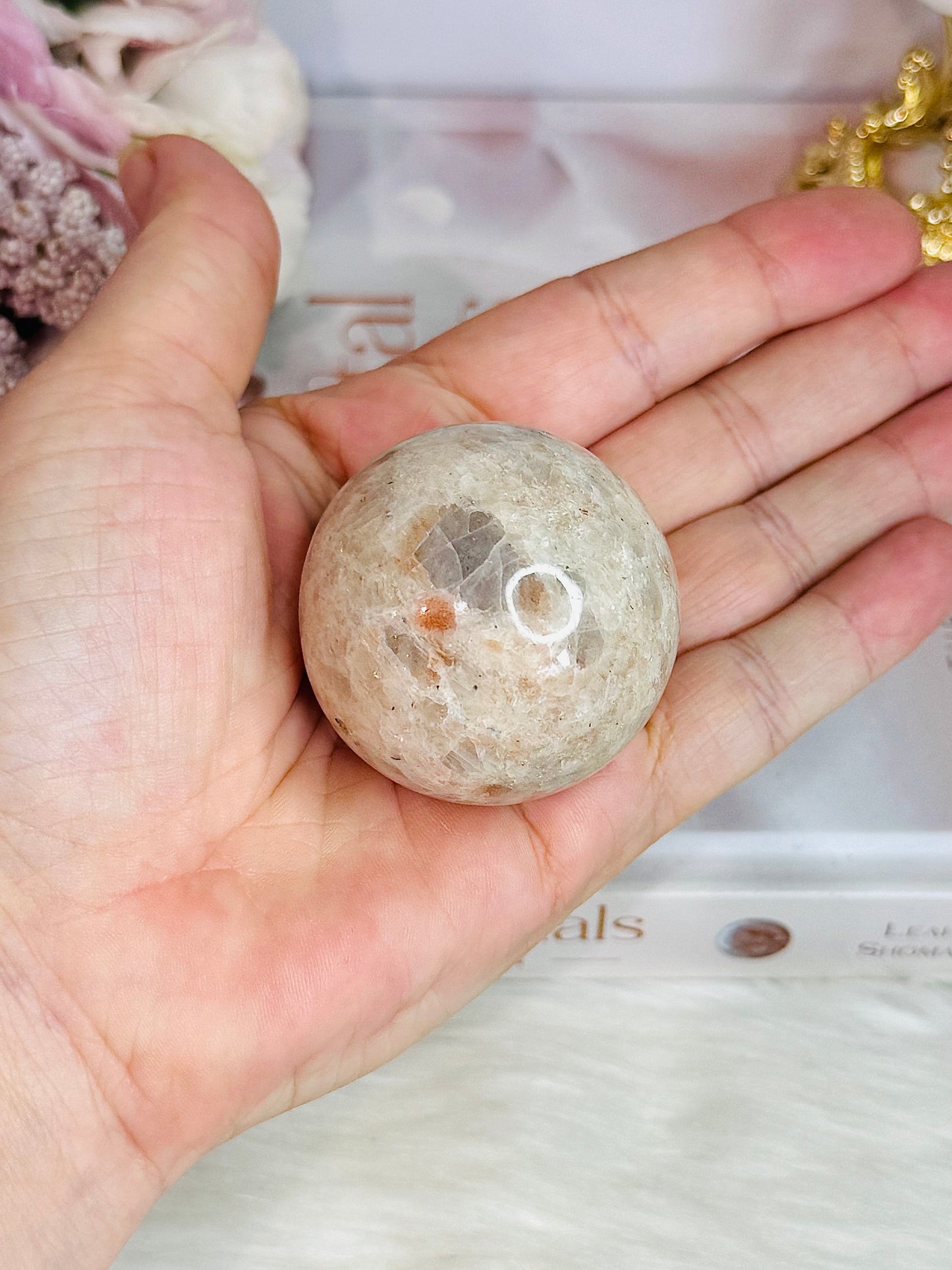 Natural Moonstone with Sunstone Sphere on Stand 126grams