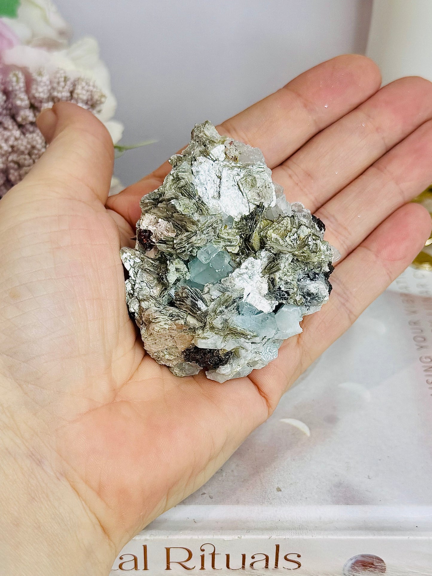 Rare Natural Aquamarine In Mica Specimen on Stand 110g
