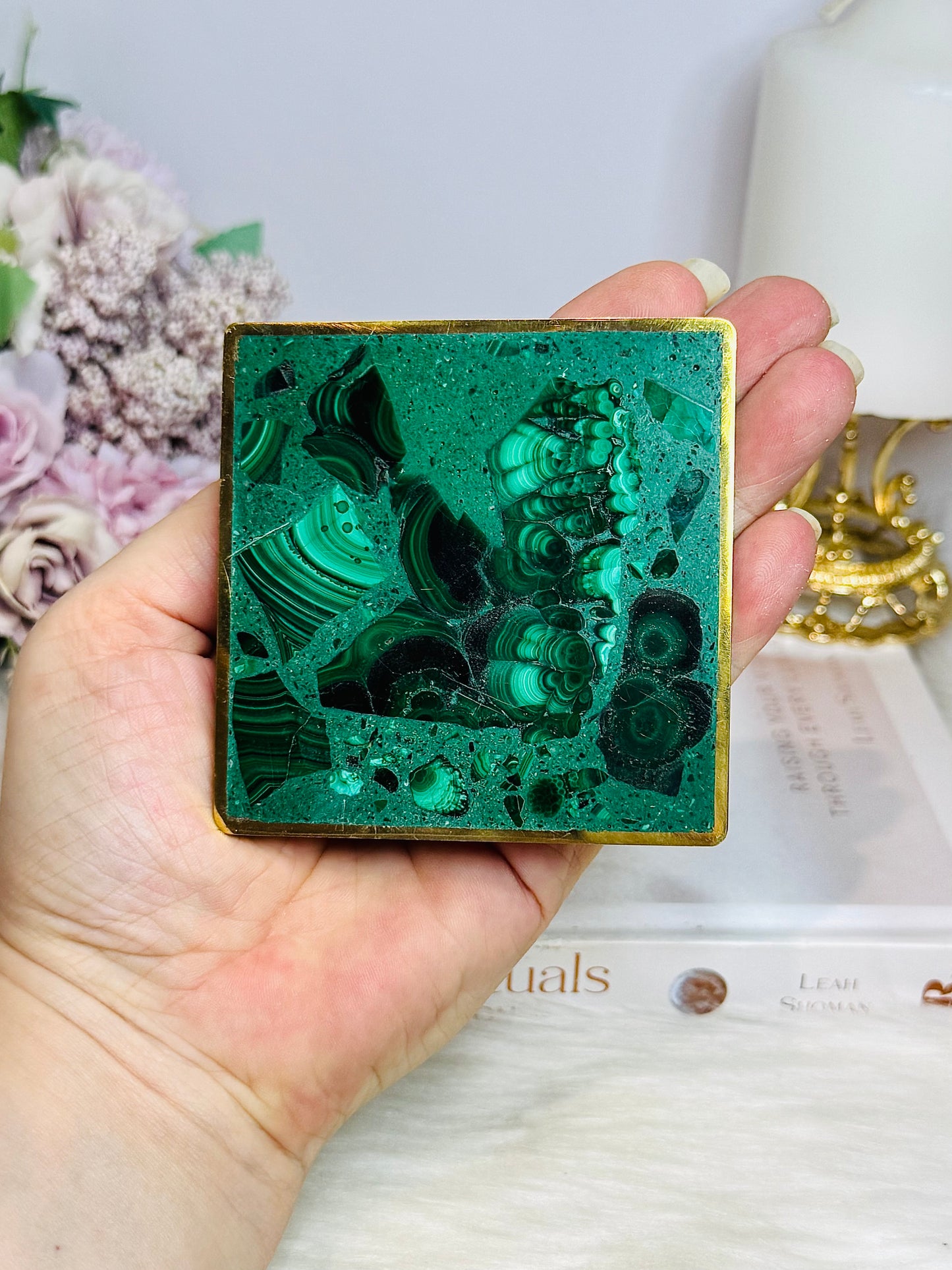 Natural Malachite Coaster with Gold Trim 8cm 184g