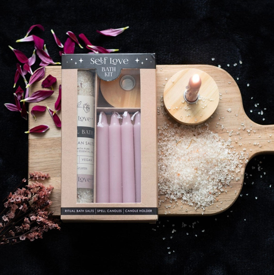 SELF LOVE BATH KIT ~ Baths Salts, Candles & Holder Gift Set