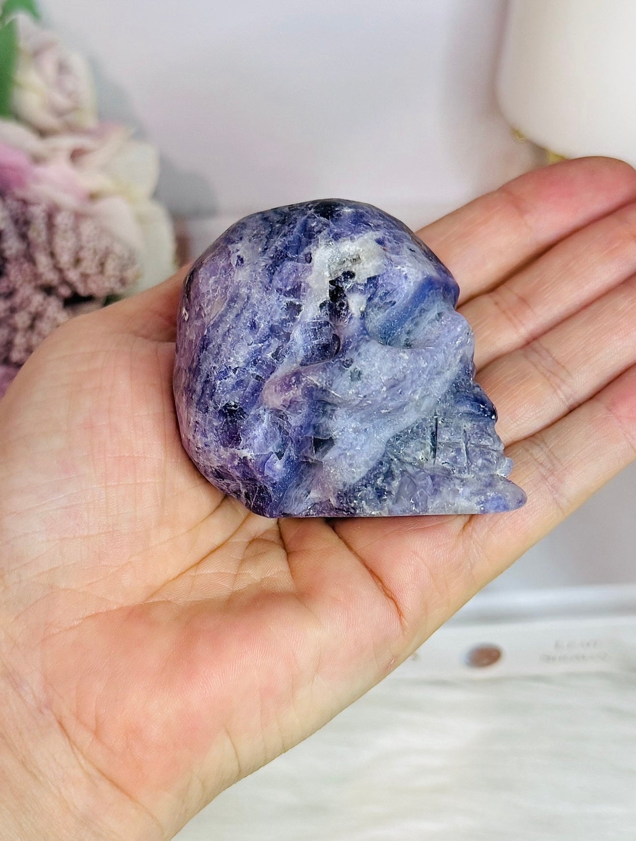 Purple Root Fluorite Carved Skull 288grams