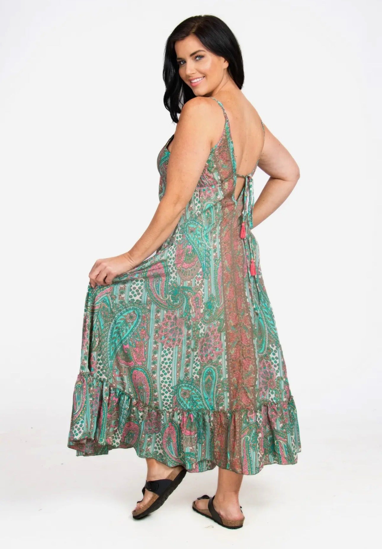 Long Boho Silk Strappy Dress with Pockets One Size