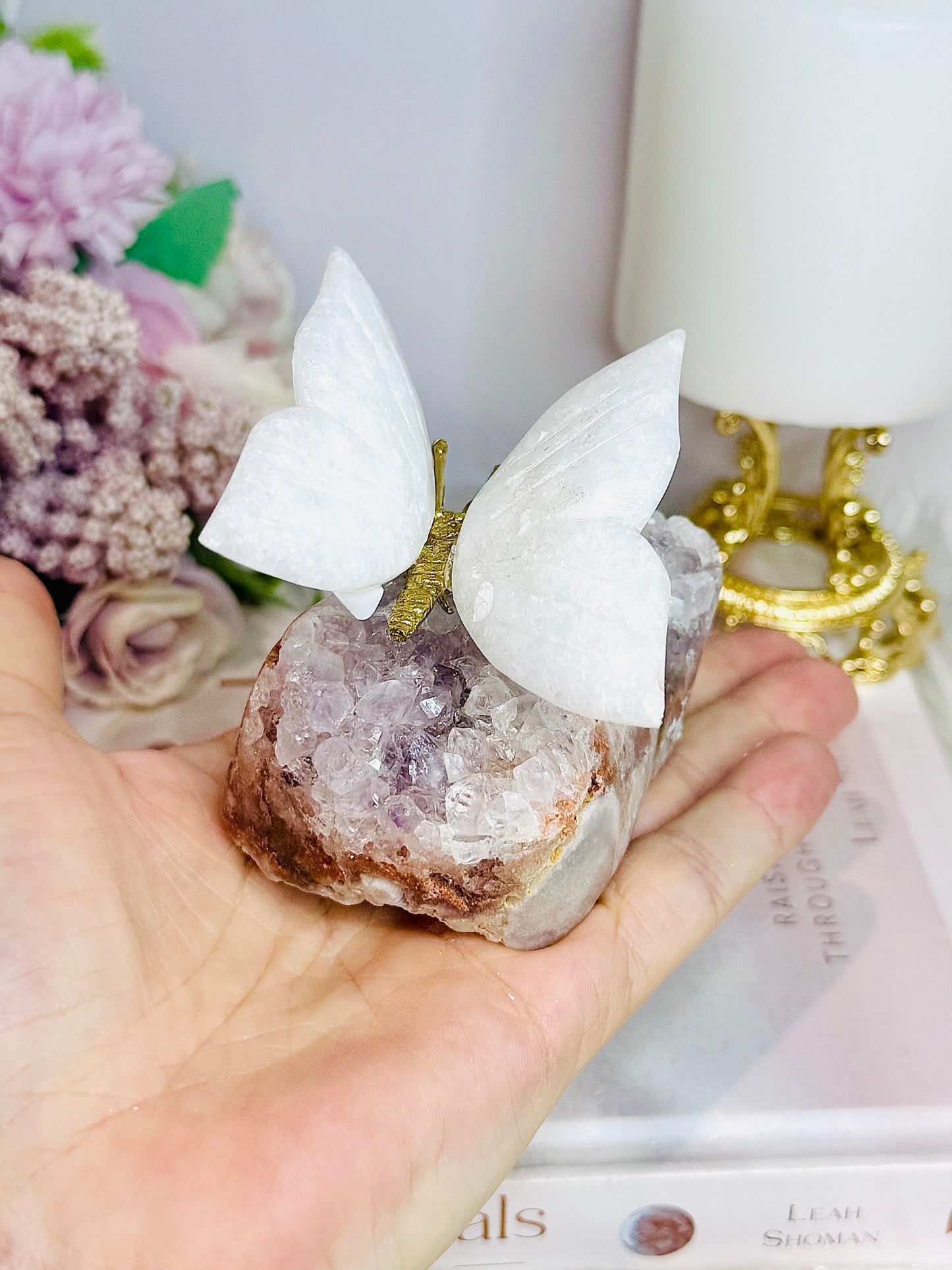 Chunky Pink Amethyst Cluster with White Jade Butterfly