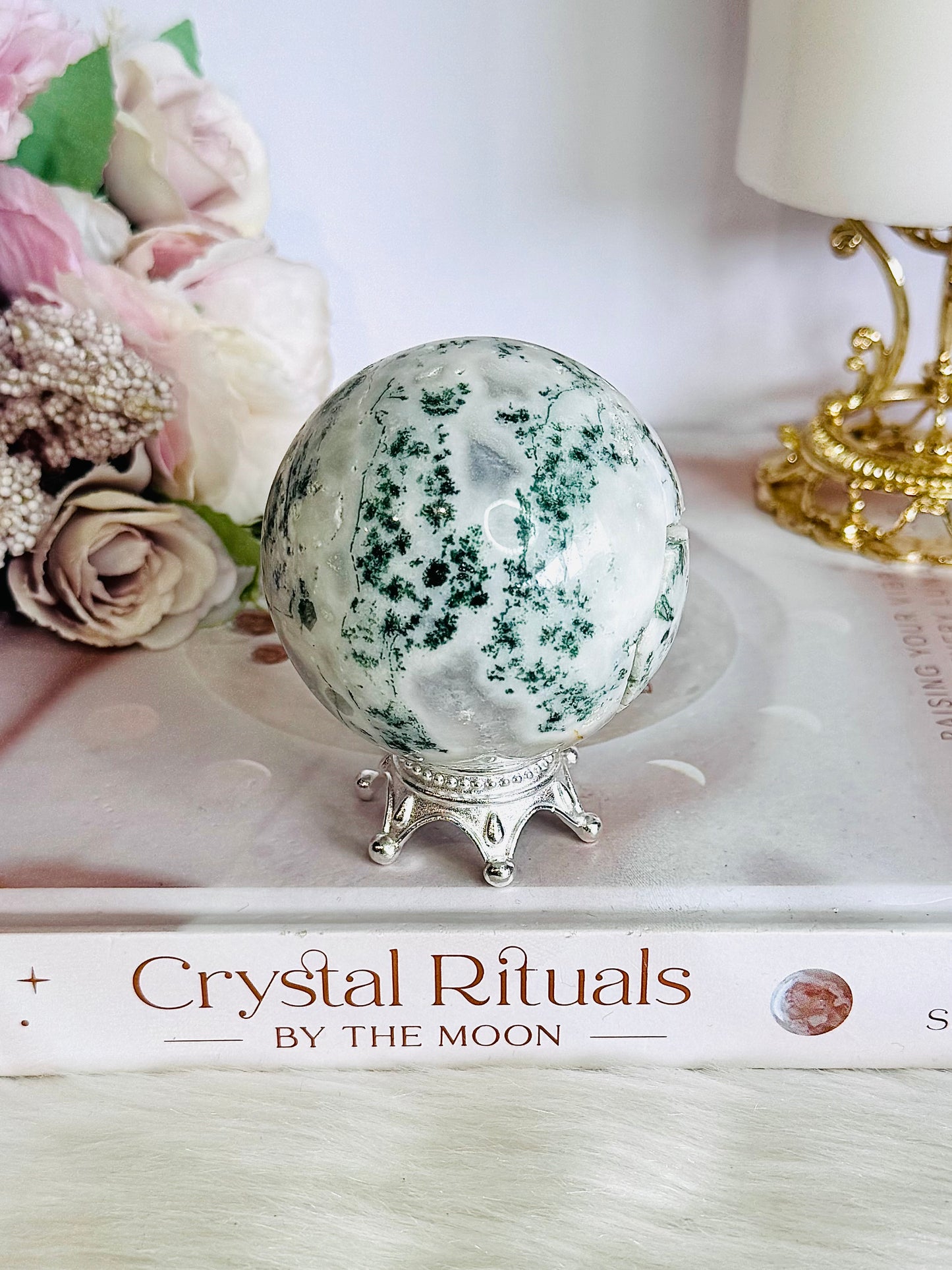 Peace & Tranquility ~ Moss Agate Sphere 269grams On Stand (Sphere has imperfections see pics)