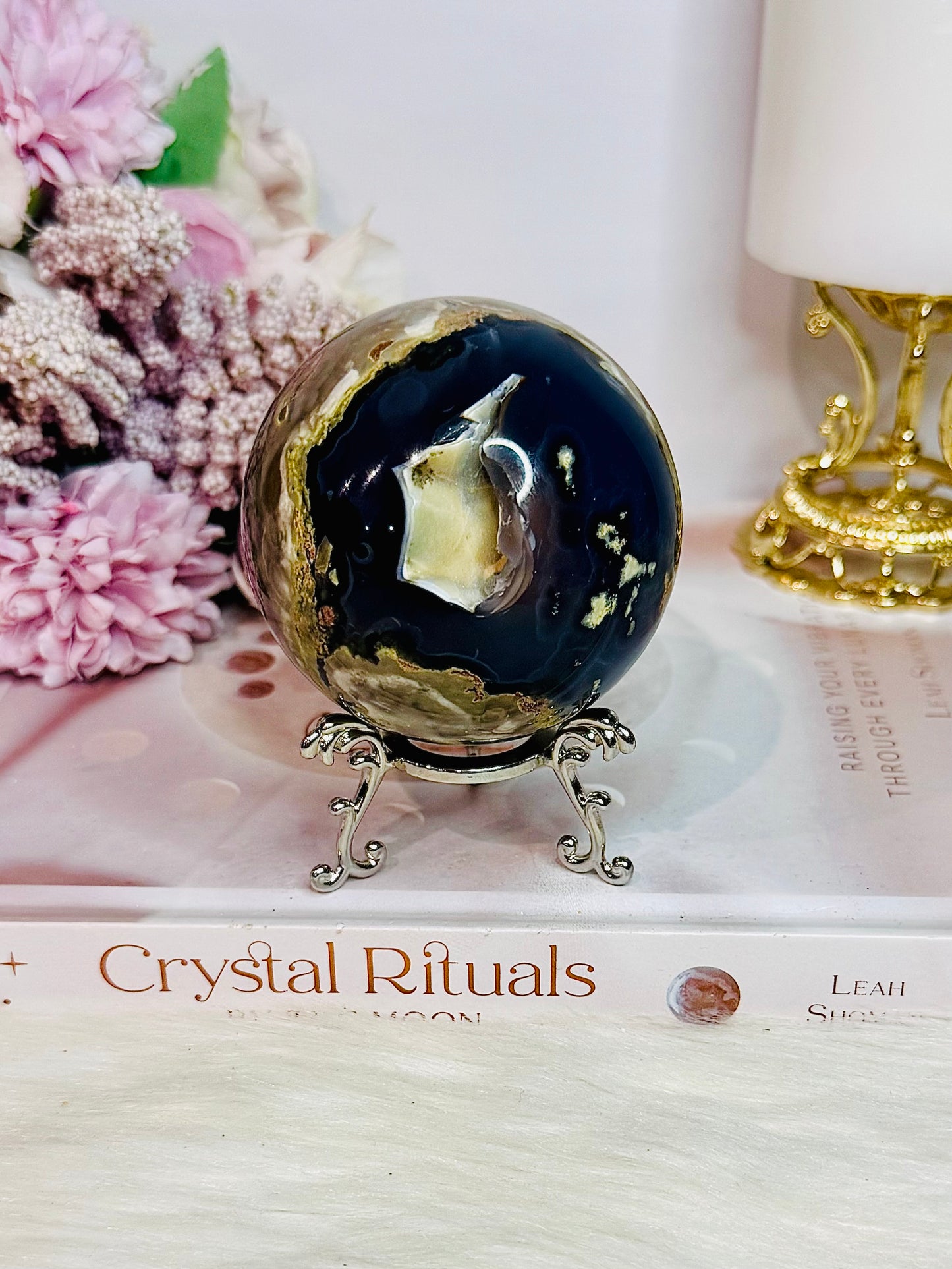Natural Volcano Agate Druzy Sphere UV Reactive On Stand 363grams