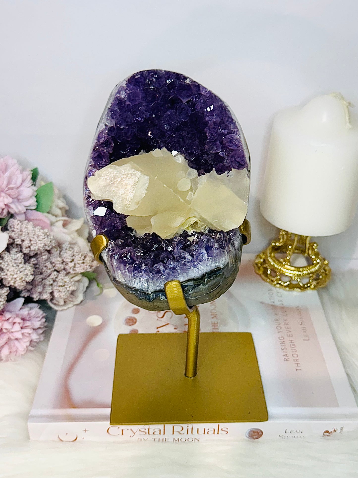 Huge Stunning High Grade Deep Purple Amethyst Cluster with Calcite Inclusion On Gold Stand 21cm 1.5KG