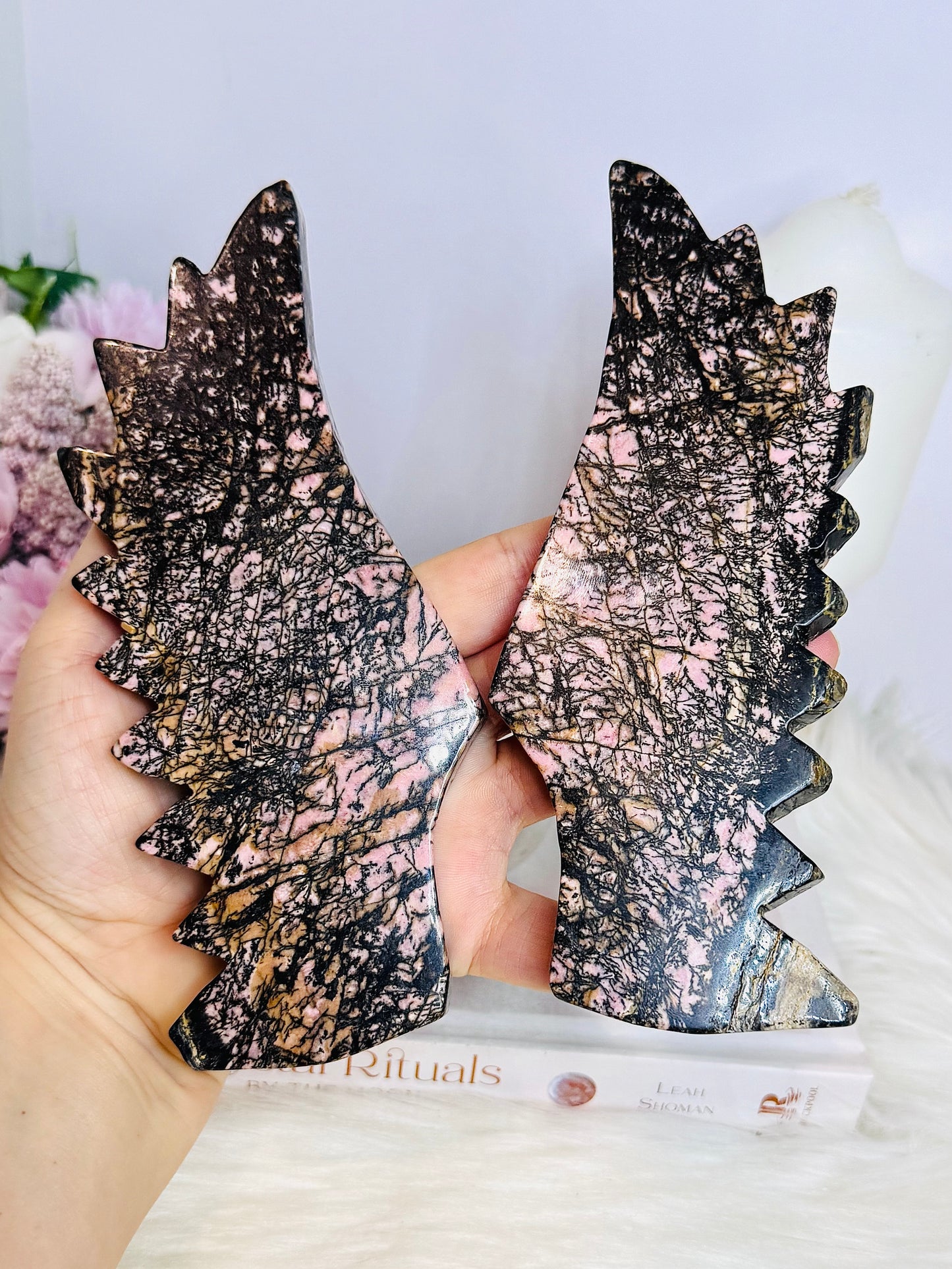 Large Rhodonite Carved Butterfly Wings On Stand 27cm 955g