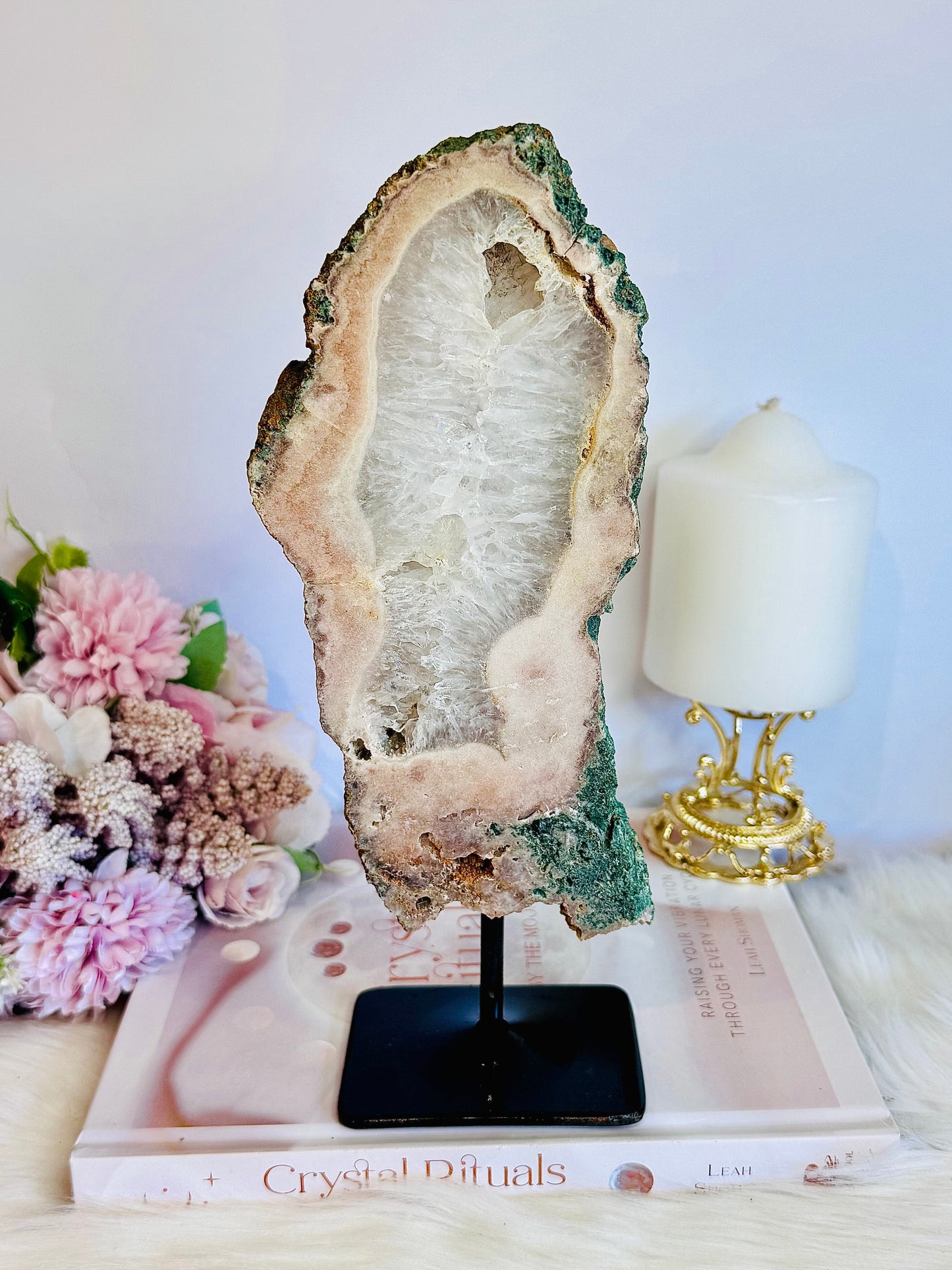 Large 26cm 908gram Pink Amethyst Druzy Slab on Stand