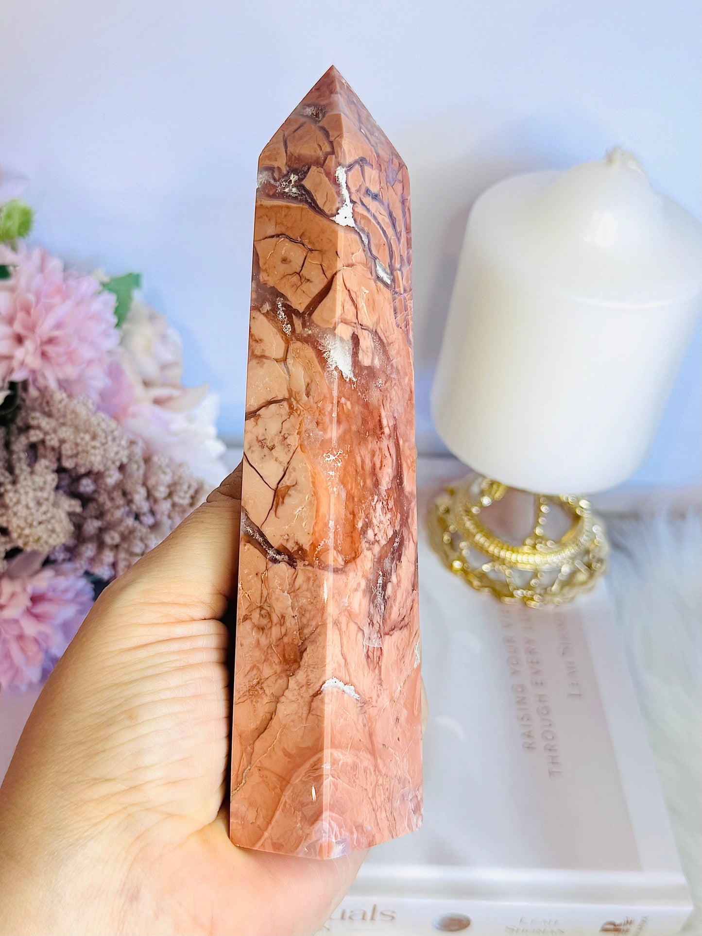 Gorgeous Large 16.5cm Natural Pink Cotton Candy Agate Carved Tower