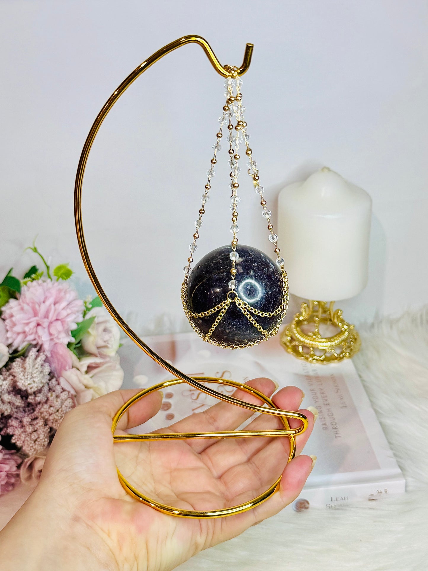 Super Stunning Gold Stand with Purple Lepidolite | Mica Sphere 24cm