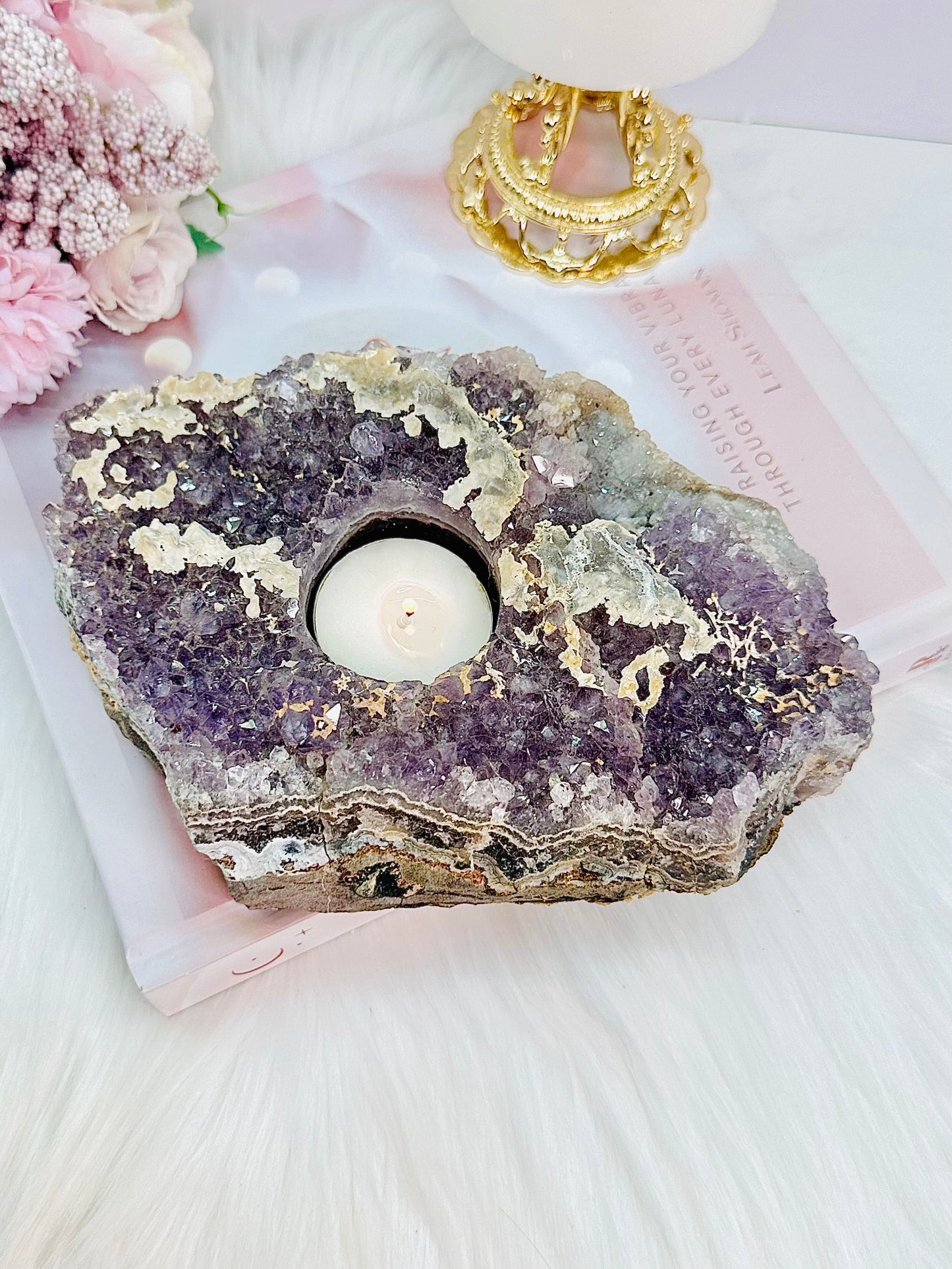 Large 1.26KG 20cm Amethyst Cluster Candle Holder With Calcite Inclusions From Brazil