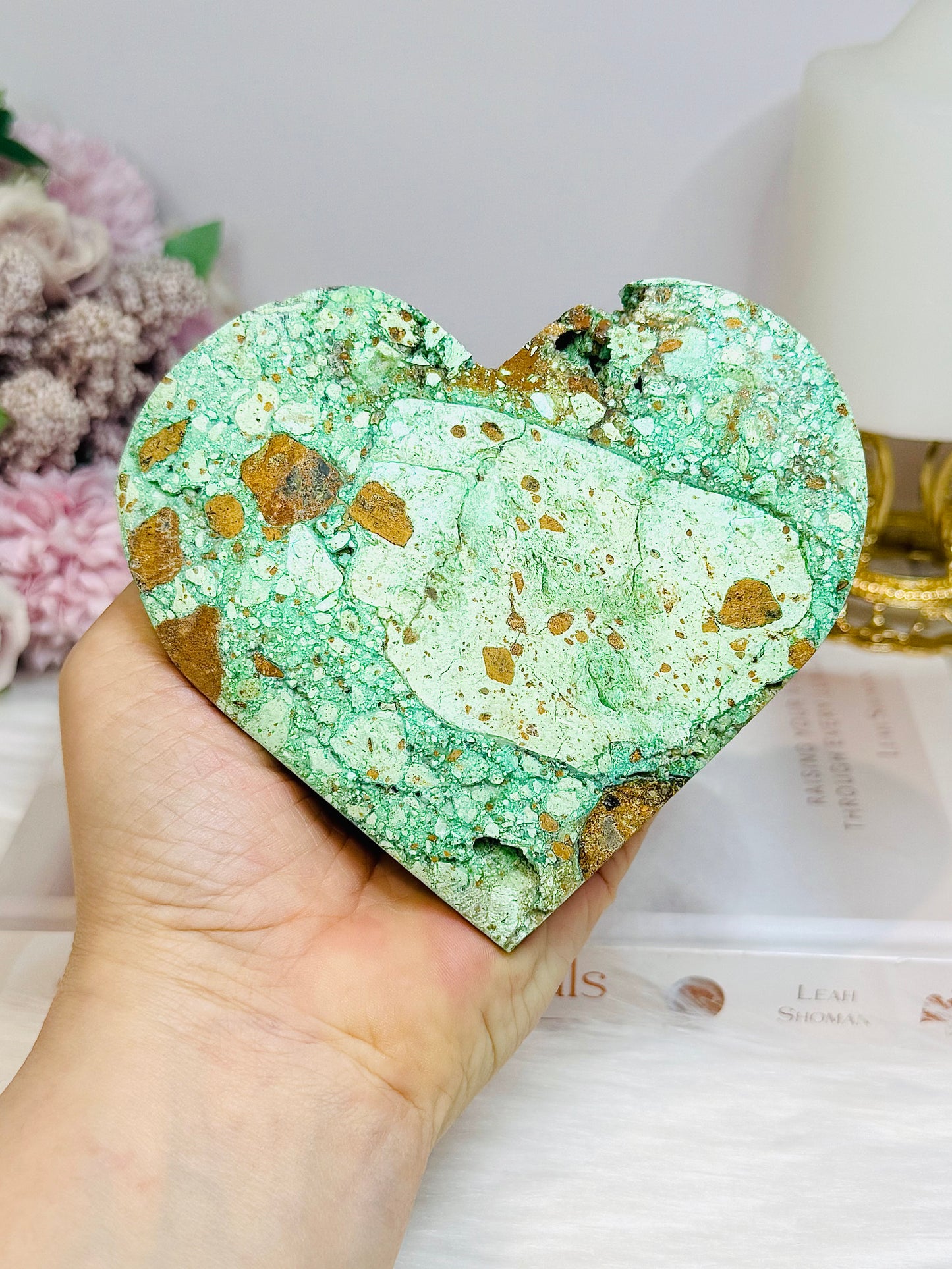 Large Natural Variscite Carved Heart on Stand 12cm