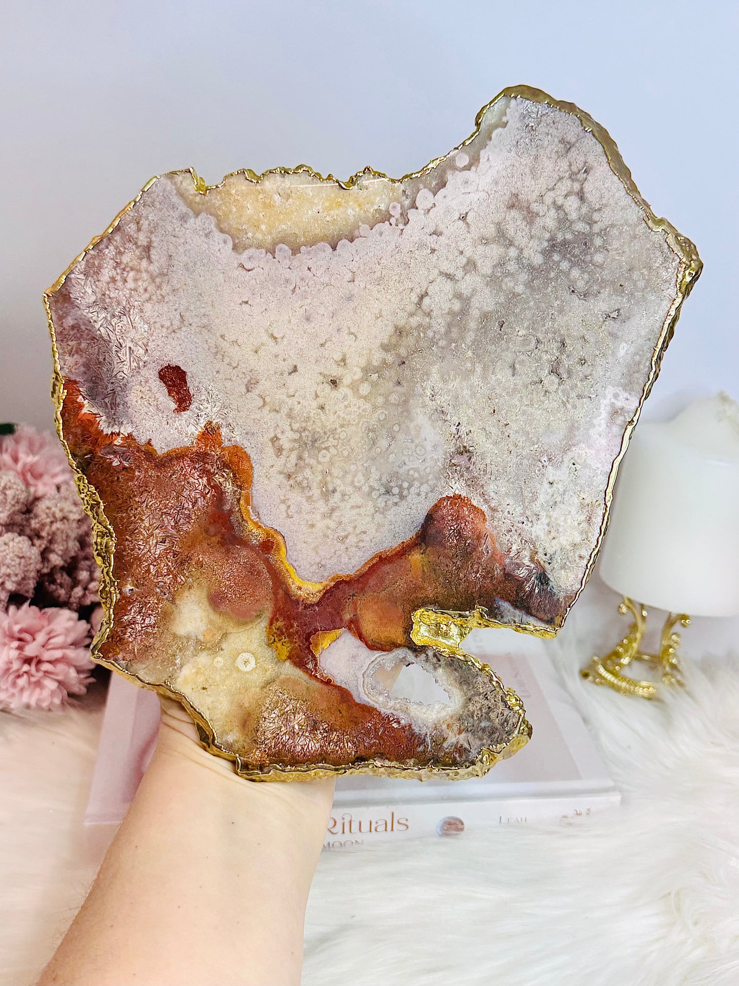 A Collectors Piece ~ High Grade Natural Pink Amethyst Druzy Slice | Slab with Gold Plating on Gold Stand 496g