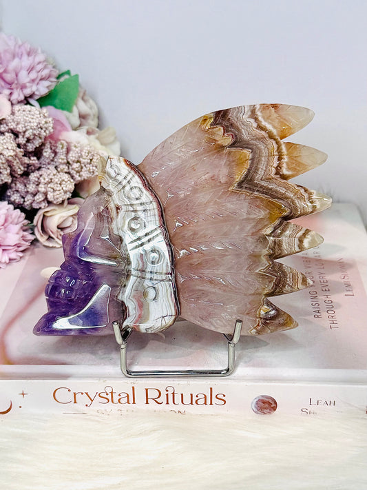 Large Amethyst X Mexican Lace Agate Carved Indian Head on Stand