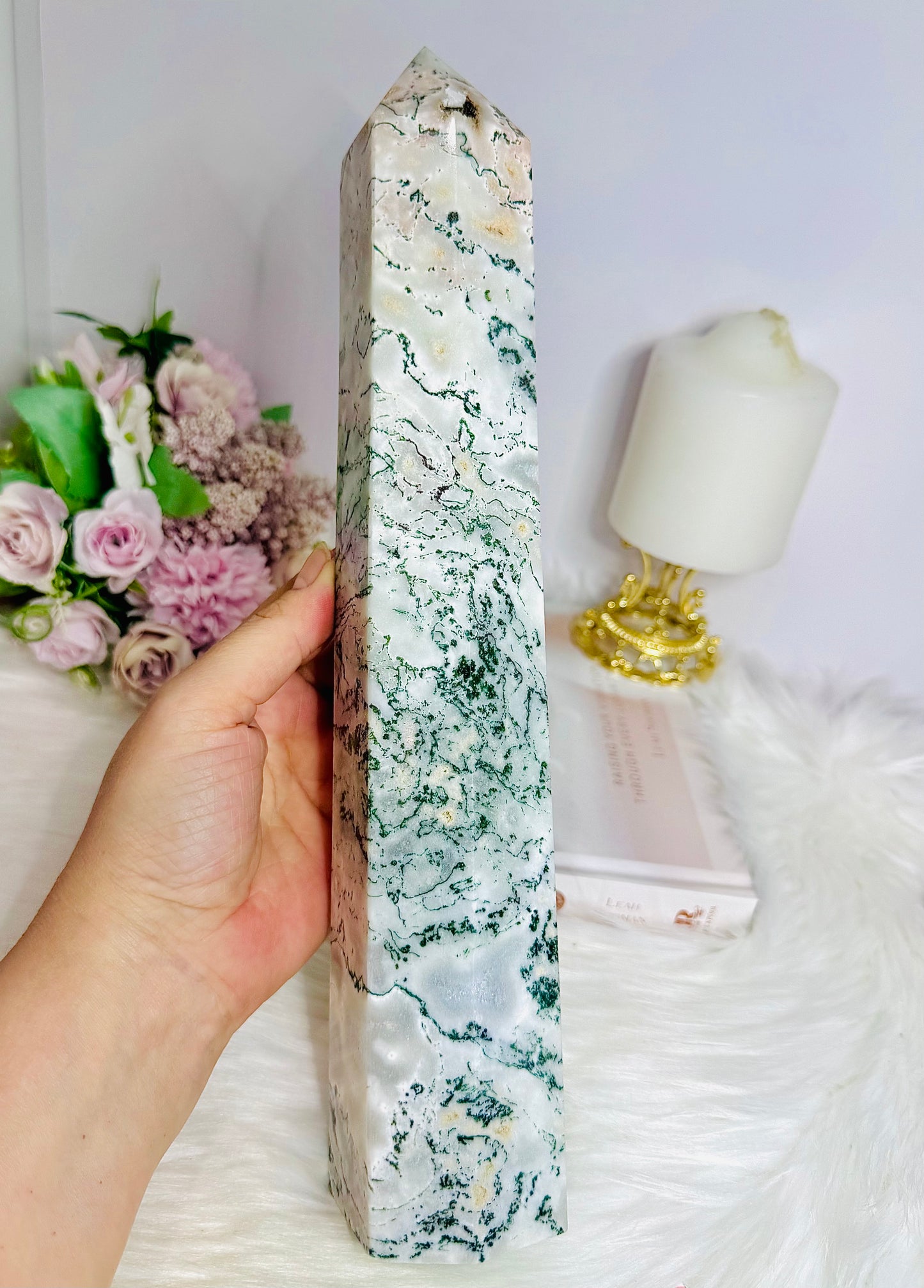 Huge Moss Agate in Quartz Druzy Tower 31cm 1.45KG