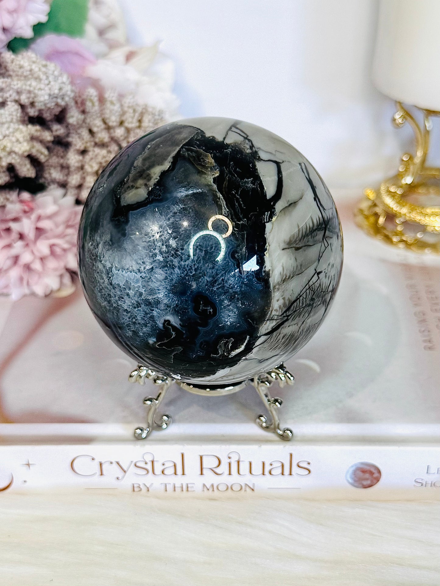 Natural Volcano Agate Druzy Sphere UV Reactive On Stand 607grams