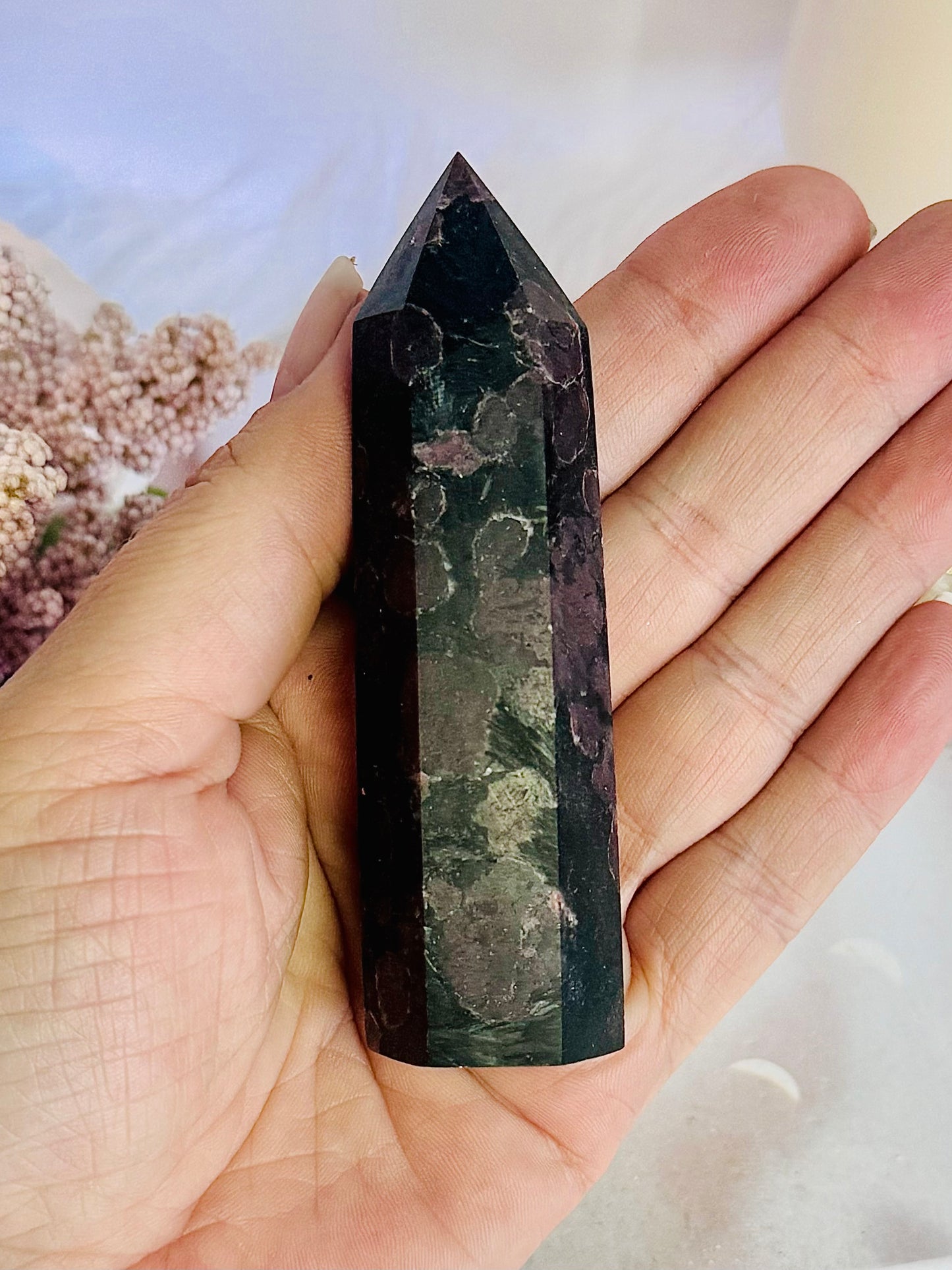 Natural Garnet In Astrophyllite 9cm Tower