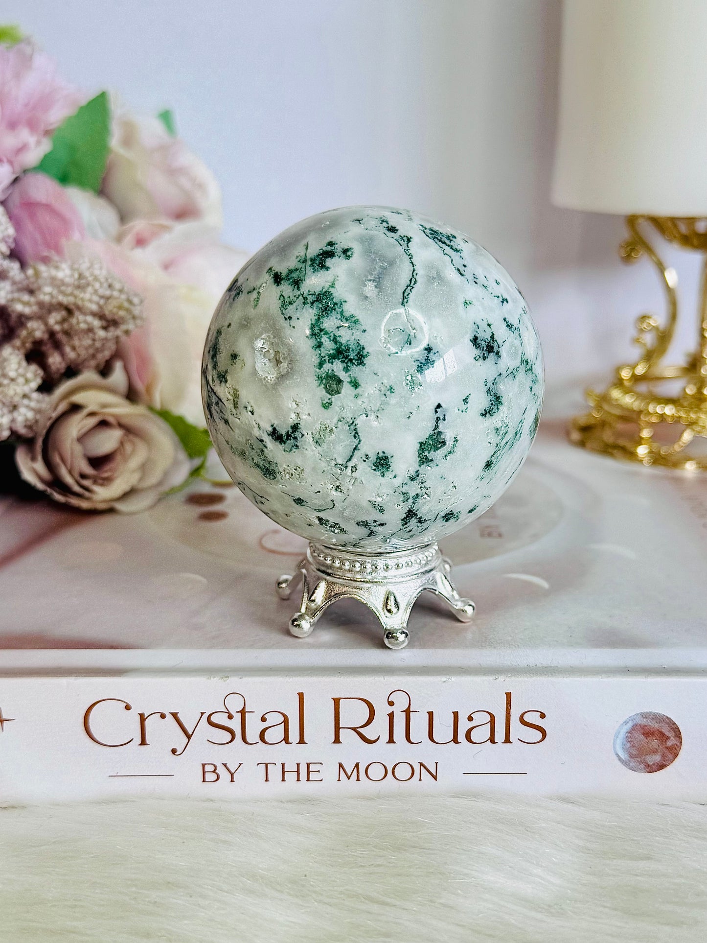 Peace & Tranquility ~ Moss Agate Sphere 269grams On Stand (Sphere has imperfections see pics)