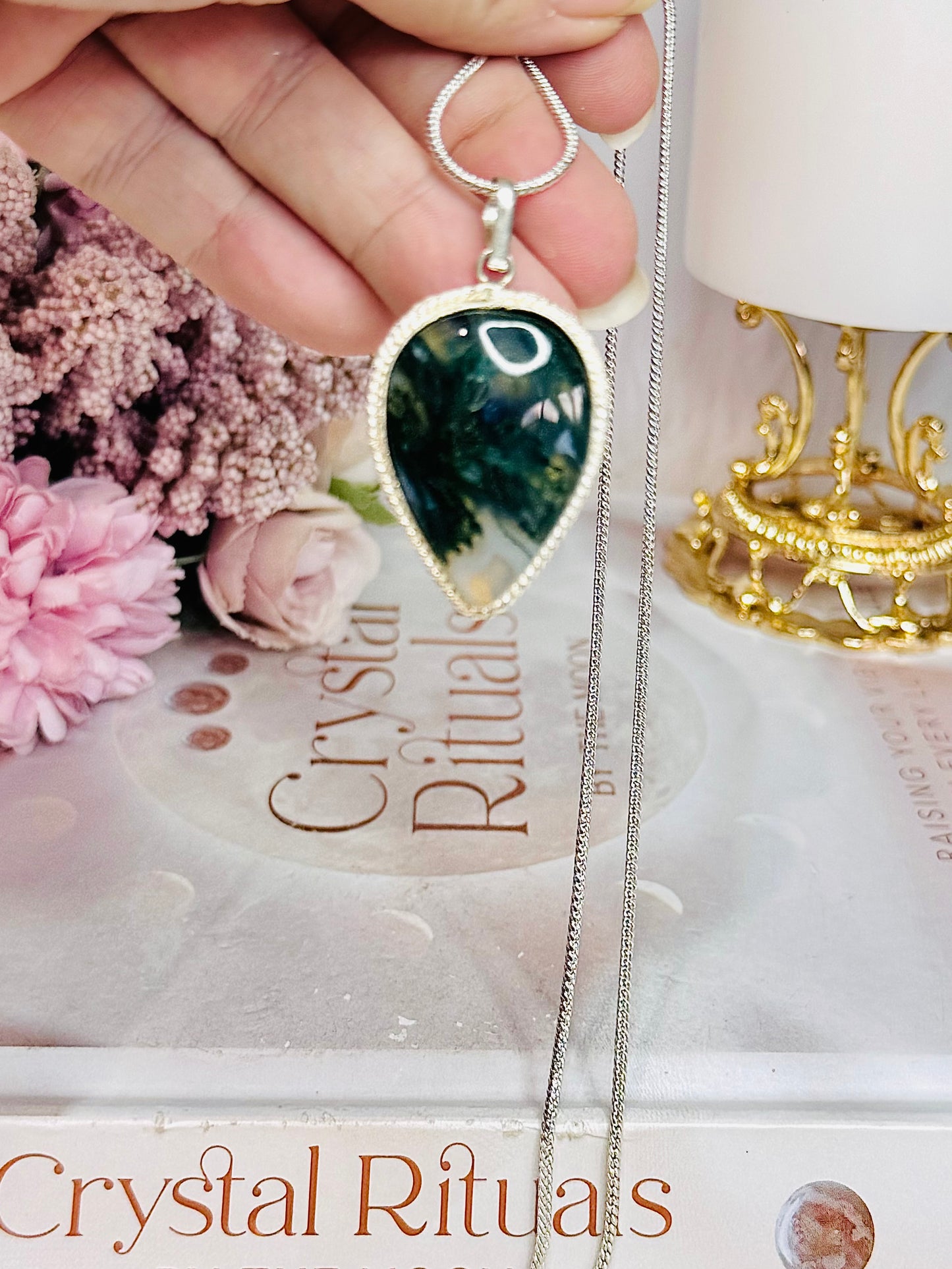 Moss Agate Pendant on Silver Chain In Gift Bag