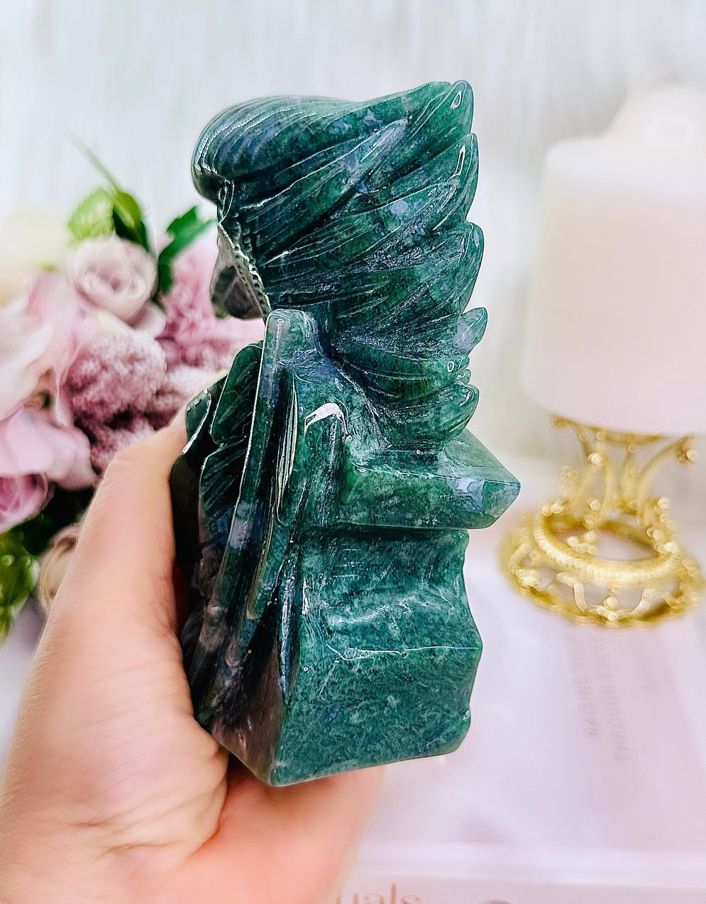 Peace & Tranquility ~ Gorgeous Large 633gram Perfectly Carved Moss Agate Eagle ~ A Divine Piece