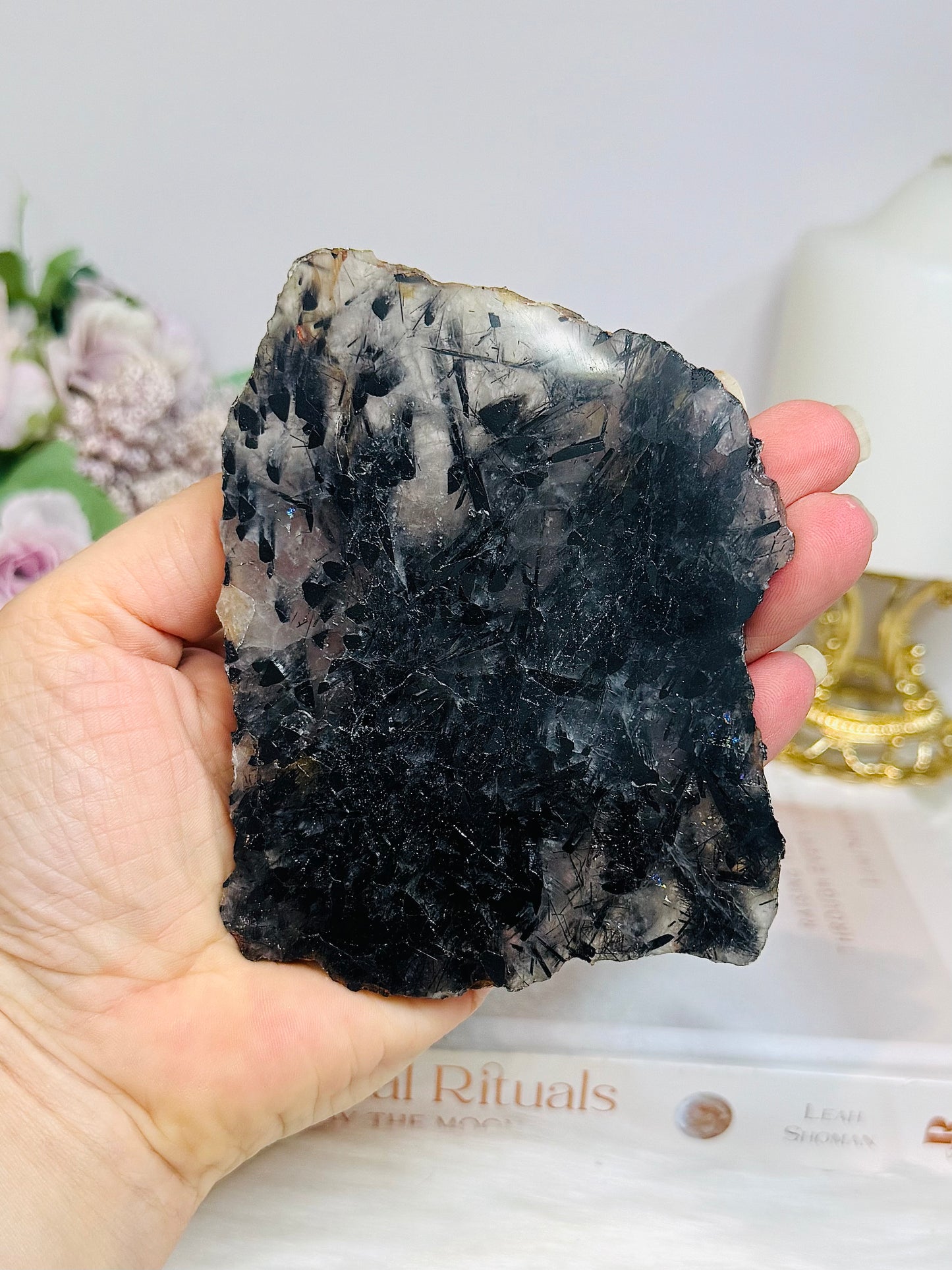 Black Tourmaline in Quartz Slab on Stand 11cm